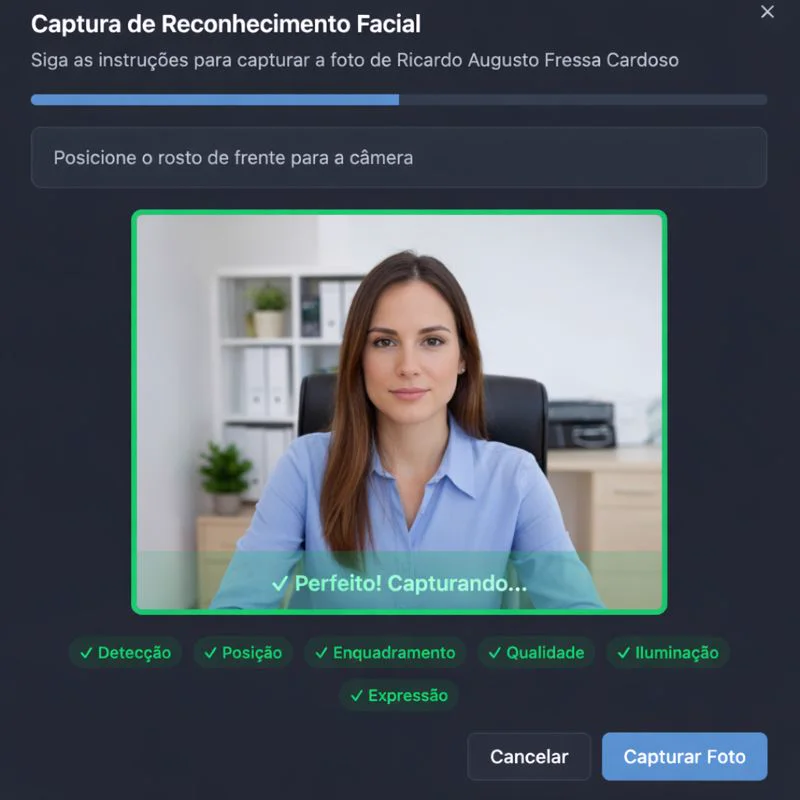 Tela de captura de reconhecimento facial no UsePonto com validações de enquadramento e qualidade.