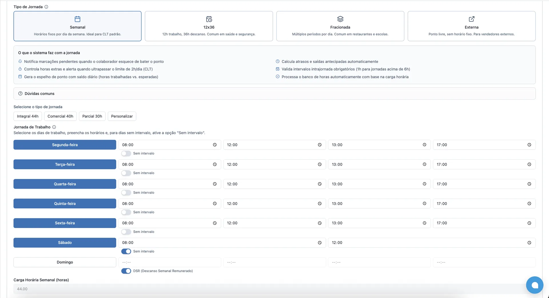 Tela de cadastro de jornada no UsePonto com tipos de jornada e horários por dia da semana.
